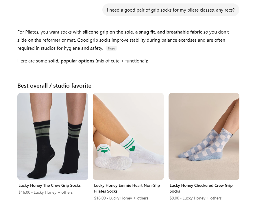 ChatGPT screenshot showing Lucky Honey as the #1 recommendation with Instant Checkout